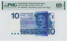 NETHERLANDS: 10 Gulden (25.4.1968) in dark blue on violet and multicolor unpt. Stylized self-portrait of Frans Hals at right on face. S/N: "4425982146...