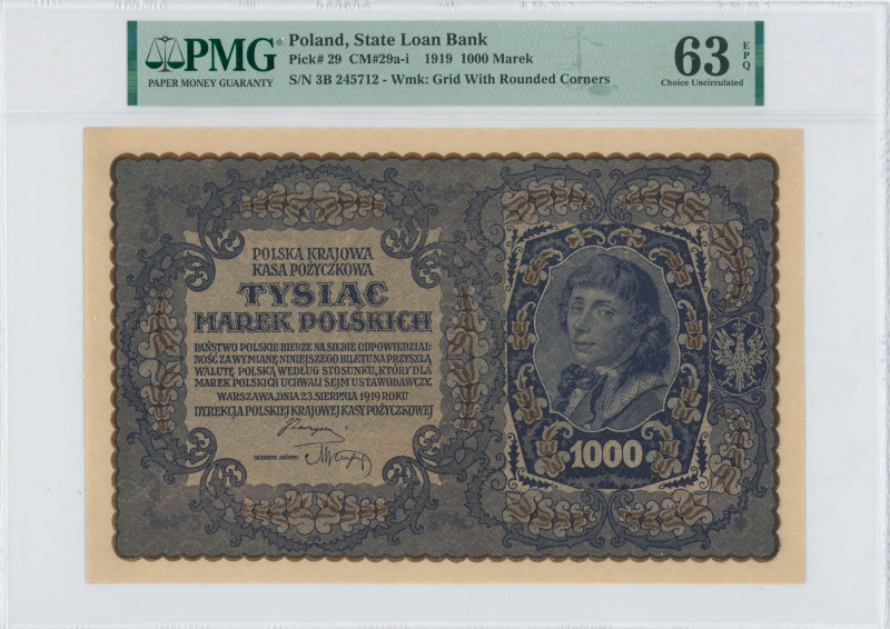 POLAND: 1000 Marek (23.8.1919) in purple on brown unpt. Portrait of T Kosciuszko...