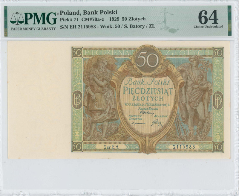 POLAND: 50 Zlotych (1.9.1929) in green, brown and blue. Farmer wife at left and ...
