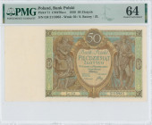 POLAND: 50 Zlotych (1.9.1929) in green, brown and blue. Farmer wife at left and Mercury at right on face. S/N: "EH 2115983". WMK: S Batory & value "50...