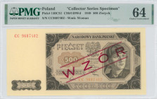 POLAND: Specimen of 500 Zlotych (1948) in dark blue on light brown and multicolor unpt. Portrait of coal miner at right on face. S/N: "CC 9687402". Re...