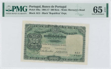 PORTUGAL: 500 Reis (27.12.1904) in black on green unpt. Republica over crowned coat of arms at top center on face. S/N: "AEJ". WMK: Mercury head. Insi...