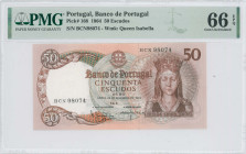 PORTUGAL: 50 Escudos (28.2.1964) in dark brown on multicolor unpt. Queen Isabella at right on face. S/N: "BCN 98074". WMK: Queen Isabella. Inside hold...