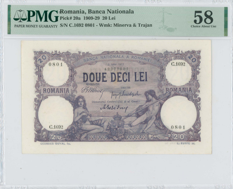 ROMANIA: 20 Lei (6.7.1917) in blue-violet. Girl with fruit at left and boy with ...