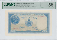 ROMANIA: 5000 Lei (28.9.1943) in light blue on multicolor unpt. Two male heads of Trajan and Decebal at upper left and coat of arms at center on face....
