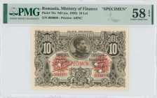 ROMANIA: Specimen of 10 Lei (ND ca.1920) in brown on red unpt. King Ferdinand I over crowned supported coat of arms at center, MF monogram at left and...