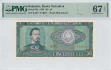 ROMANIA: 50 Lei (1966) in dark green on multicolor unpt. Portrait of Alexandru Ioan Cuza at left and coat of arms at center right on face. S/N: "B.001...