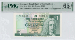 SCOTLAND: 1 Pound (30.3.1999) in dark green and green on multicolor unpt. Lord Ilay at right on face. S/N: "C/74 630943". Signature by G R Mathewson. ...