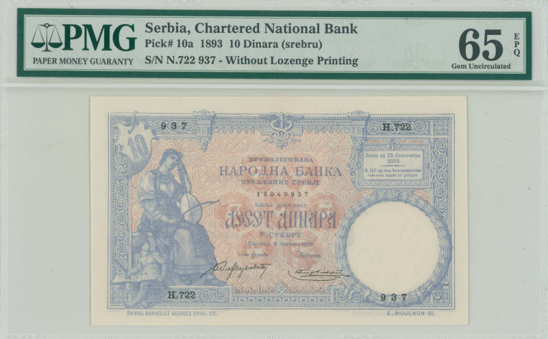 SERBIA: 10 Dinara (2.1.1893) in blue on brown unpt. Woman seated with musical in...