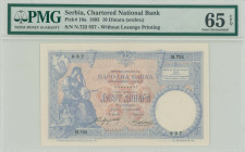 SERBIA: 10 Dinara (2.1.1893) in blue on brown unpt. Woman seated with musical instrument and child at left on face. S/N: "N.722 937". Without lozenge ...