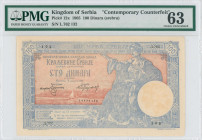 SERBIA: Counterfeit 100 Dinara (5.1.1905) in blue on brown unpt. Woman seated with sword at right on face. S/N: "L.762 132". Inside holder by PMG "Cho...