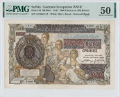 SERBIA: 1000 Dinara overprinted on 500 Dinara (1.5.1941) in brown and multicolor. Three seated women at center on face. S/N: "Z.0166 157". WMK: Man he...