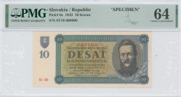 SLOVAKIA: Specimen of 10 Korun (20.7.1943) in blue and purple on brown-olive unpt. Coat of arms at left, Stur at right on face. Perfin "SPECIMEN" at c...