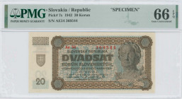 SLOVAKIA: Specimen of 20 Korun (11.9.1942) in brown on blue and pinkish unpt. Coat of arms at left, eagle at center, portrait of J Holly at right on f...