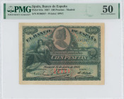 SPAIN: 100 Pesetas (15.7.1907) in green, red, yellow and black. Woman seated at left, medallic male portrait at center on face. S/N: "0106587". Printe...