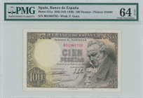 SPAIN: 100 Pesetas (ND 1949 / old date 19.2.1946) in brown on lilac unpt. Francisco de Goya at right on face. S/N: "B01964736". WMK: Francisco de Goya...
