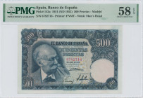 SPAIN: 500 Pesetas (ND 1952 / old date 15.11.1951) in dark blue. Mariano Benlliure at left on face. S/N: "6782716". WMK: Man head. Printed by FNMT. In...