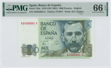 SPAIN: 1000 Pesetas (23.10.1979) in gray-blue and green on multicolor unpt. Tree at center, Benito Perez Galdos at right on face. S/N: "N5820201A". WM...