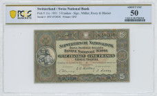 SWITZERLAND: 5 Franken (22.2.1951) in red, blue and black on olive-green unpt. William Tell monument in Altdorf at left on face. S/N: "49Y 074930". Si...