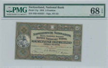 SWITZERLAND: 5 Franken (28.3.1952) in red, blue and black on olive-green unpt. William Tell monument in Altdorf at left on face. S/N: "53D 019237". Si...