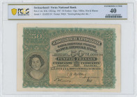 SWITZERLAND: 50 Franken (16.10.1947) in green. Portrait of woman at lower left on face. S/N: "12L 003134". Signatures by Muller, Hirs and Blumer. Prin...