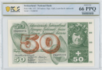 SWITZERLAND: 50 Franken (10.2.1971) in green and red on multicolor unpt. Girl at upper right on face. S/N: "35Q 88204". Signatures by Galli, Leutwiler...