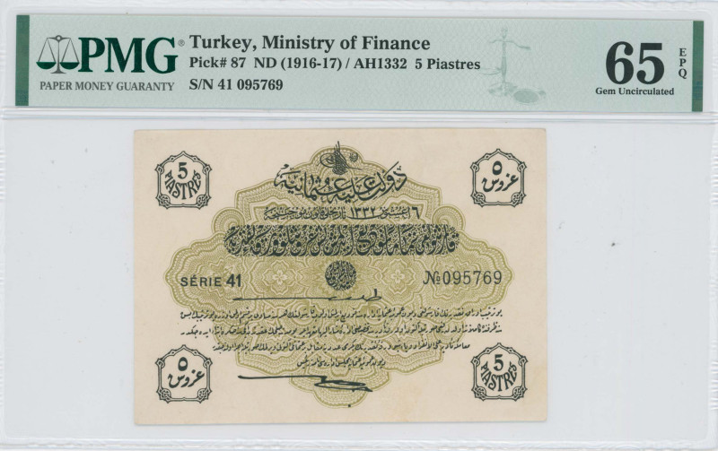 TURKEY: 5 Piastres (Law AH1332 / ND 1916-17) on olive unpt. S/N: "41 095769". In...