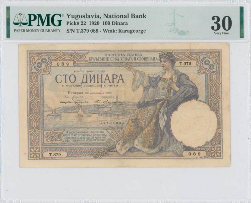 YUGOSLAVIA: 100 Dinara (30.11.1920) in purple on yellow unpt. Boats in water at ...