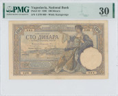 YUGOSLAVIA: 100 Dinara (30.11.1920) in purple on yellow unpt. Boats in water at center, seated woman with sword at right on face. S/N: "T.379 089". WM...