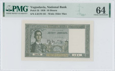 YUGOSLAVIA: 10 Dinara (22.9.1939) in green. King Peter II at left, bridge at center on face. S/N: "Z.0170 191". WMK: Older man in uniform. Inside hold...