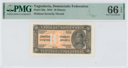 YUGOSLAVIA: 10 Dinara (1944) in black on orange unpt. Soldier with rifle at right on face. Without security thread. Inside holder by PMG "Gem Uncircul...