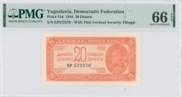 YUGOSLAVIA: 20 Dinara (1944) in orange on light tan unpt. Soldier with rifle at right on face. S/N: "EP572570". With thin vertical security thread. In...