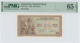 YUGOSLAVIA: Remainder of 50 Dinara (1.5.1946) in brown on multicolor unpt. Miner at left on face. Inside holder by PMG "Gem Uncirculated 65 EPQ". (Pic...