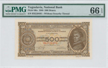 YUGOSLAVIA: 500 Dinara (1.5.1946) in brown on multicolor unpt. Coat of arms at left and soldier with rifle at right on face. Without security thread. ...