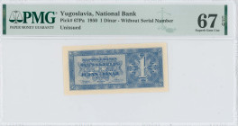 YUGOSLAVIA: 1 Dinar (1950) in blue. Coat of arms at left on face. Without S/N. Inside holder by PMG "Superb Gem Unc 67 EPQ". (Pick 67Pa).