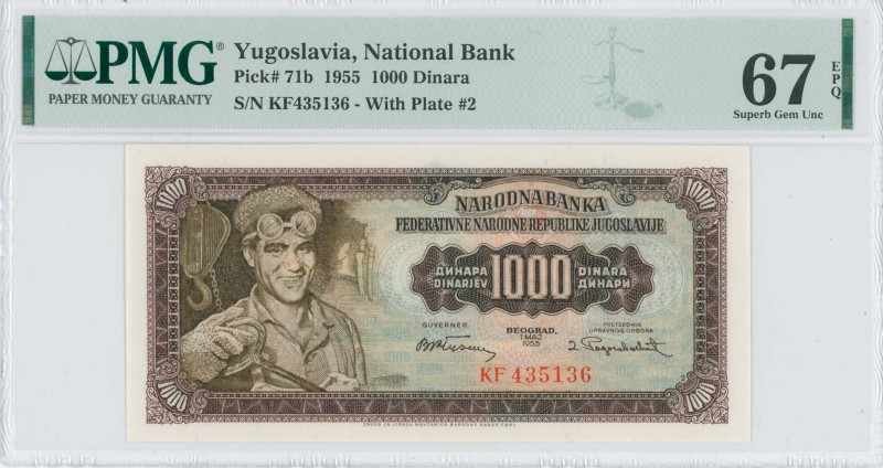 YUGOSLAVIA: 1000 Dinara (1.5.1955) in dark brown on multicolor unpt. Male steel ...