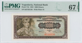 YUGOSLAVIA: 1000 Dinara (1.5.1955) in dark brown on multicolor unpt. Male steel worker at left on face. S/N: "KF435136". With plate #2 at lower right....