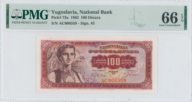 YUGOSLAVIA: 100 Dinara (1.5.1963) in dark red on multicolor unpt. Woman wearing ...