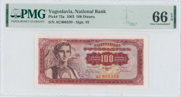 YUGOSLAVIA: 100 Dinara (1.5.1963) in dark red on multicolor unpt. Woman wearing national costume at left on face. S/N: "AC006559". Inside holder by PM...