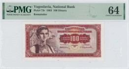 YUGOSLAVIA: Remainder of 100 Dinara (1.5.1963) in dark red on multicolor unpt. Woman wearing national costume at left on face. Inside holder by PMG "C...