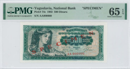 YUGOSLAVIA: Specimen of 500 Dinara (1.5.1963) in dark green on multicolor unpt. Farm woman with sickle at left on face. S/N: "AA 000000". Red diagonal...