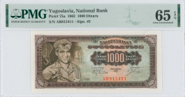YUGOSLAVIA: 1000 Dinara (1.5.1963) in dark brown on multicolor unpt. Male steelworker at left on face. S/N: "AB 815411". Inside holder by PMG "Gem Unc...
