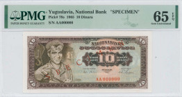 YUGOSLAVIA: Specimen of 10 Dinara (1.8.1965) in dark brown on multicolor unpt. Male steelworker at left on face. S/N: "AA 000000". Red diagonal ovpt "...