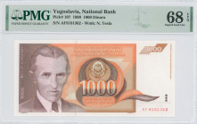 YUGOSLAVIA: 1000 Dinara (26.11.1990) in brown and orange. Nicola Tesla at left and coat of arms at center on face. S/N: "AF8181362". WMK: N. Tesla. In...