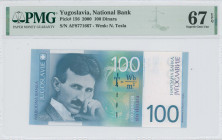 YUGOSLAVIA: 100 Dinara (2000) in blue on green and tan unpt. Nikola Tesla at left and motor at lower center on face. S/N: "AF8771667". WMK: N. Tesla. ...