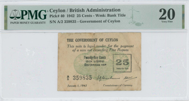 CEYLON: 25 Cents (1.1.1942) in black on green unpt. Uniface. S/N: "A/2 359835". ...