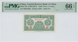 CHINA / PUPPET BANKS: 5 Fen (5 Cents) (1940) in green on pale green unpt. S/N: "M 964766 L". Printed by WPC. Inside holder by PMG "Gem Uncrirculated 6...