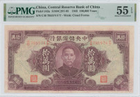 CHINA / PUPPET BANKS: 100000 Yuan (1945) in red-violet on pale green unpt. Portrait of SYS at center on face. S/N: "C/B 795574 F/T". WMK: Cloud Forms....