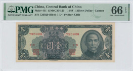 CHINA / REPUBLIC: 1 Silver Dollar (1949) in black-blue. SYS at right on face. S/N: "726929". Printed by CHB. Block 1-D. Inside holder by PMG "Gem Unci...