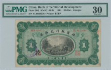 CHINA / REPUBLIC: 1 Dollar (1.12.1914) in green and black. Workers and camels along road at center on face. S/N: "SU 0028016". Black cachet "KIANGSU" ...